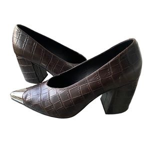 Jeffery Campbell Brown Croc Embossed Patent Leather Metallic Toe Block Heels